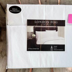 6-pc London Fog KING SIZE Sheet Set - BRIGHT WHITE - (2 BONUS PILLOWCASES)